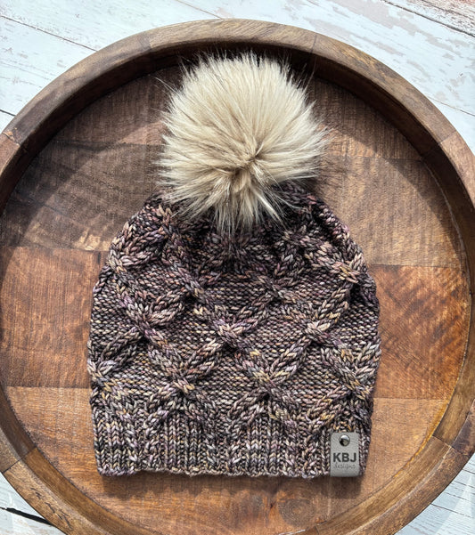 Double Cross Beanie | LUXURY Handmade 100% Merino Wool Knit Beanie | Malabrigo Rios | Detachable Faux Fur Pom Pom | ADULT size | Ready To Ship