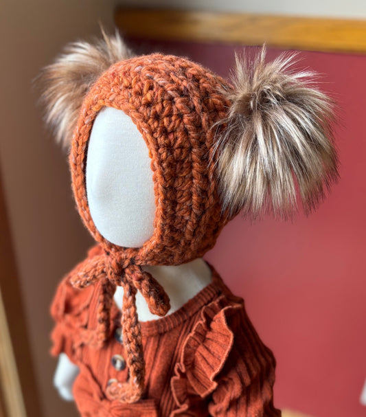 0-6 Months Double Pom Bonnet  | Premium Handmade | Detachable Faux Fur Pom Poms  |  Ready To Ship