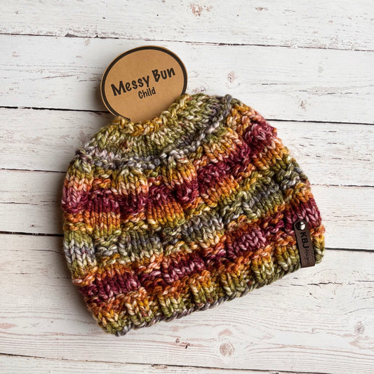 Checkerboard Messy Bun | 100% Acrylic Knit Beanie | Messy Bun or Ponytail | CHILD size | Ready To Ship