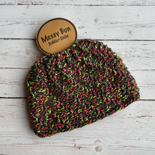 Crochet Messy Bun | 100% Acrylic Knit Beanie | Messy Bun or Ponytail | TODDLER size | Ready To Ship