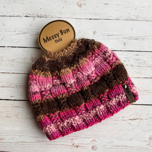 Checkerboard Messy Bun | 100% Acrylic Knit Beanie | Messy Bun or Ponytail | CHILD size | Ready To Ship