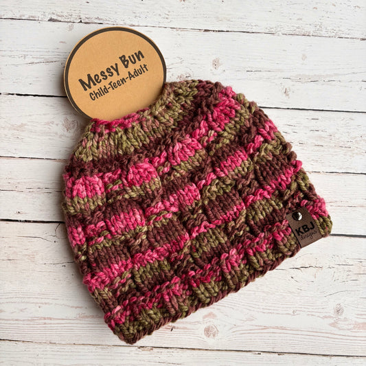 Checkerboard Messy Bun | 100% Acrylic Knit Beanie | Messy Bun or Ponytail | CHILD/TEEN/ADULT size | Ready To Ship