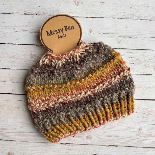 Knit Messy Bun | 80% Acrylic, 20% Wool Knit Beanie | Messy Bun or Ponytail | ADULT size | Ready To Ship