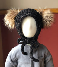 Load image into Gallery viewer, 6-12 Months Double Pom Bonnet  | Premium Handmade | Detachable Faux Fur Pom Poms  |  Ready To Ship
