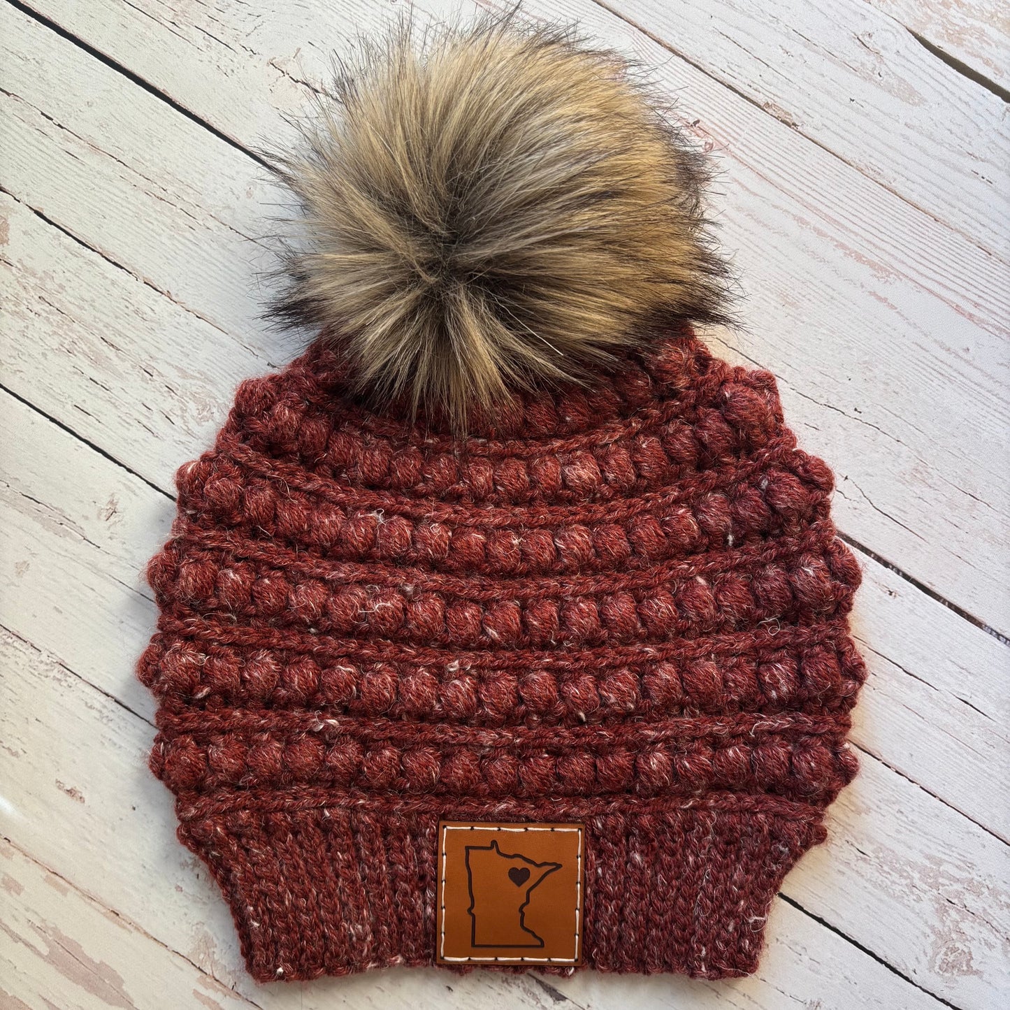 Premium Handmade Crochet Beanie in Various Colors | Gramercy Slouch with Minnesota Patch | NO WOOL (Acrylic) | Detachable Faux Fur Pom Pom  |  Ready To Ship