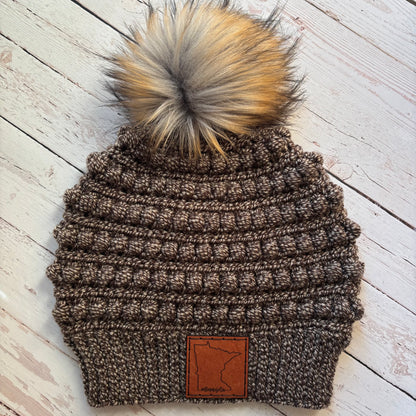 Premium Handmade Crochet Beanie in Various Colors | Gramercy Slouch with Minnesota Patch | NO WOOL (Acrylic) | Detachable Faux Fur Pom Pom  |  Ready To Ship