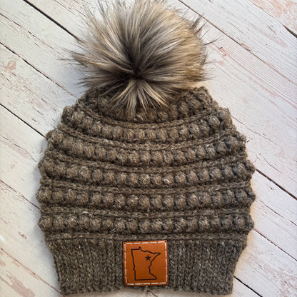 Premium Handmade Crochet Beanie in Various Colors | Gramercy Slouch with Minnesota Patch | NO WOOL (Acrylic) | Detachable Faux Fur Pom Pom  |  Ready To Ship