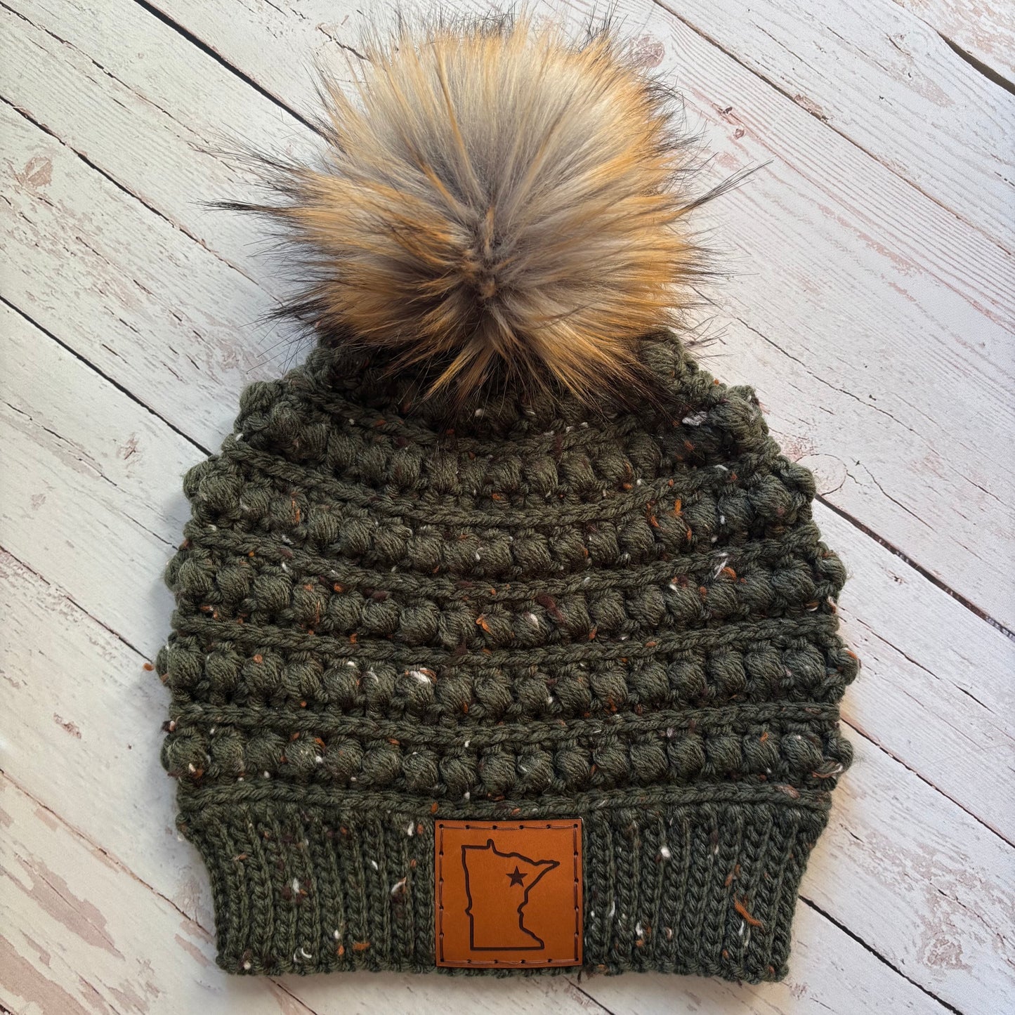 Premium Handmade Crochet Beanie in Various Colors | Gramercy Slouch with Minnesota Patch | NO WOOL (Acrylic) | Detachable Faux Fur Pom Pom  |  Ready To Ship