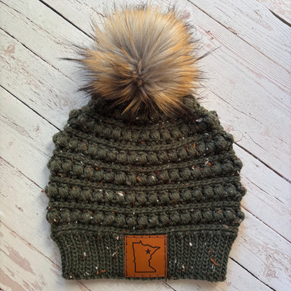 Premium Handmade Crochet Beanie in Various Colors | Gramercy Slouch with Minnesota Patch | NO WOOL (Acrylic) | Detachable Faux Fur Pom Pom  |  Ready To Ship