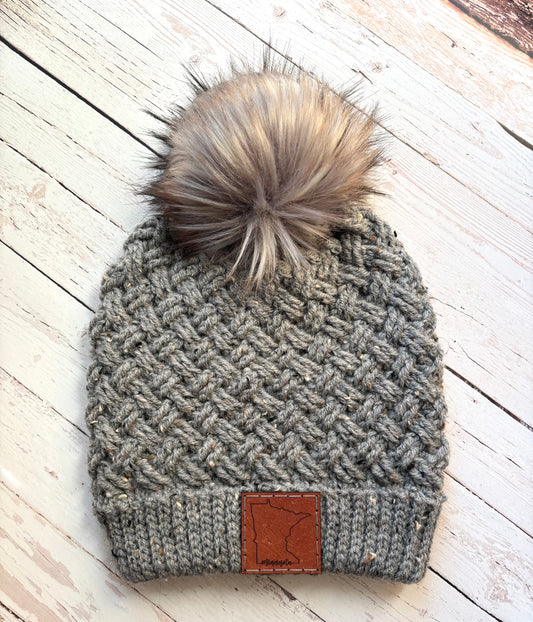 Premium Handmade Crochet Beanie | Diagonal Weave Slouch with Double Brim and Minnesota Patch | Detachable Faux Fur Pom Pom | Ready To Ship