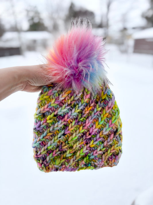 Convolution Beanie | LUXURY Handmade 100% Merino Wool Knit Beanie | Super Bulky Tweed by Fainting Goat Fiber Co | Detachable Faux Fur Pom Pom | ADULT size | Ready To Ship