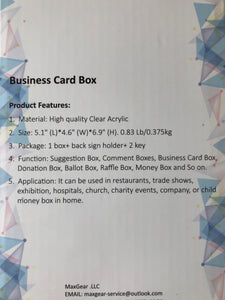 RETAIL DISPLAY:  Max Gear Business Card Box | Giveaway Box | Suggestion Box | Comment Box