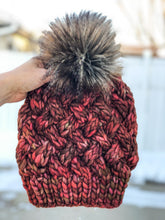 Load image into Gallery viewer, Yukon Slouch LUXURY Handmade 100% Merino Wool Knit Beanie in Malabrigo Rasta with detachable faux fur pom pom - Ready To Ship
