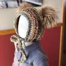 Load image into Gallery viewer, Crochet Pattern for Double Pom Fur Trim Bonnet | Crochet Double Pom Bonnet Pattern | Fur Trim Baby Bonnet Crocheting Pattern | DIY Written Crochet Instructions
