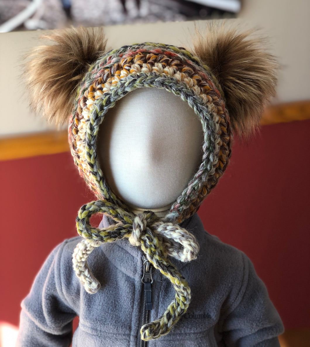 Crochet Pattern for Double Pom Fur Trim Bonnet | Crochet Double Pom Bonnet Pattern | Fur Trim Baby Bonnet Crocheting Pattern | DIY Written Crochet Instructions