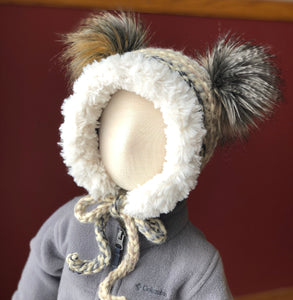 6-12 Months Double Pom Bonnet | Premium Handmade | Faux Fur Trim | Detachable Faux Fur Pom Poms | Ready To Ship