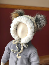 Load image into Gallery viewer, 6-12 Months Double Pom Bonnet | Premium Handmade | Faux Fur Trim | Detachable Faux Fur Pom Poms | Ready To Ship
