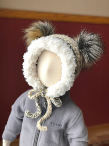 6-12 Months Double Pom Bonnet | Premium Handmade | Faux Fur Trim | Detachable Faux Fur Pom Poms | Ready To Ship