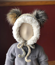 Load image into Gallery viewer, 6-12 Months Double Pom Bonnet | Premium Handmade | Faux Fur Trim | Detachable Faux Fur Pom Poms | Ready To Ship
