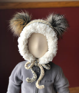 6-12 Months Double Pom Bonnet | Premium Handmade | Faux Fur Trim | Detachable Faux Fur Pom Poms | Ready To Ship